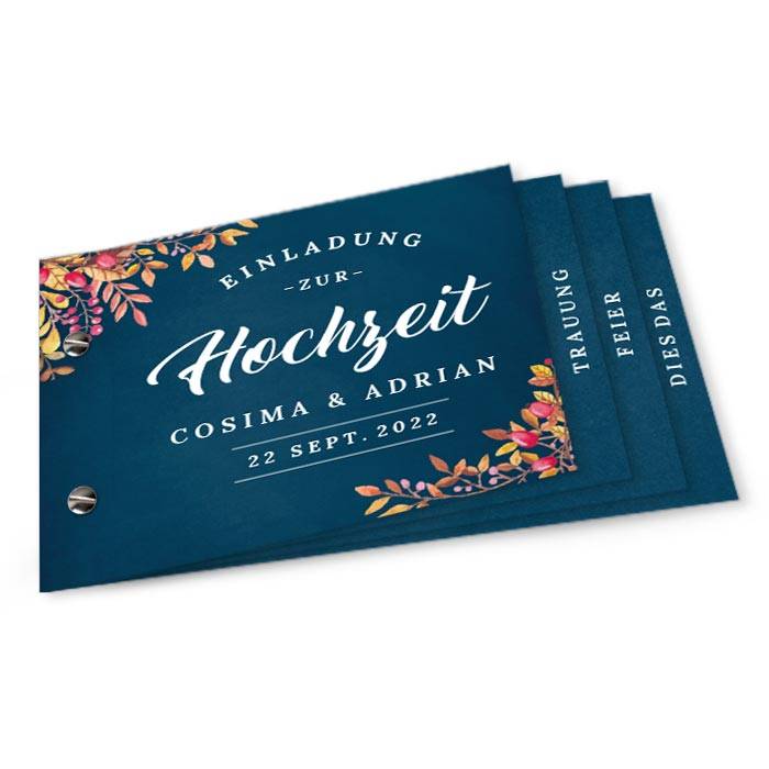 Hochzeitseinladung zur Herbst Hochzeit als Booklet in Blau