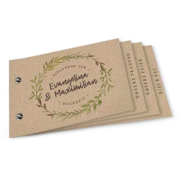 Hochzeitseinladung als Booklet mit Naturpapierstil und Zweigen