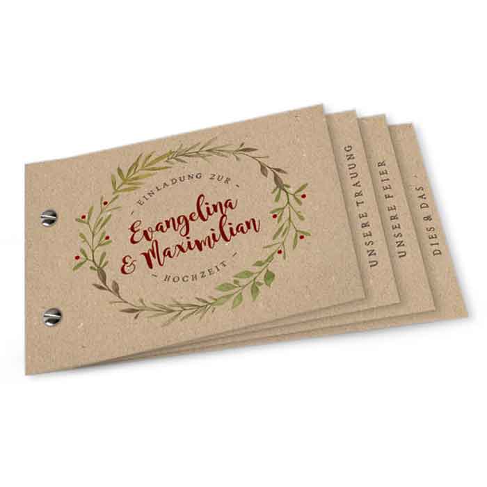 Hochzeitseinladung als Booklet mit Naturpapieroptik und Zweigen