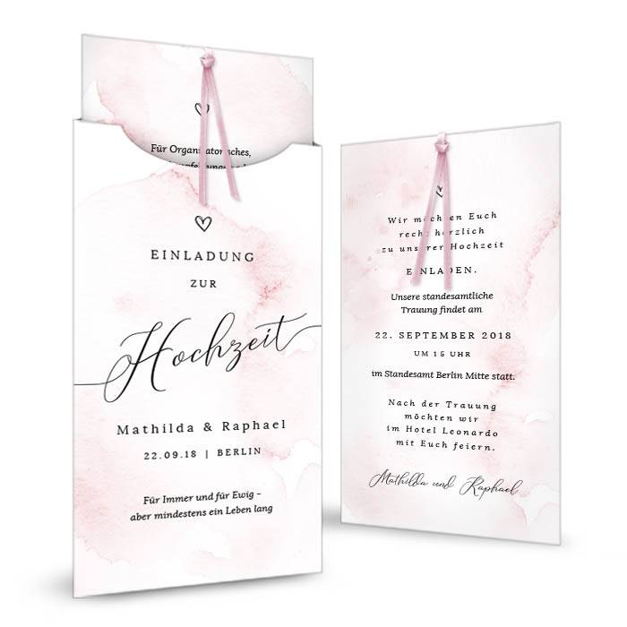 Rosa Hochzeitseinladung als Einsteckkarte mit Kalligraphie