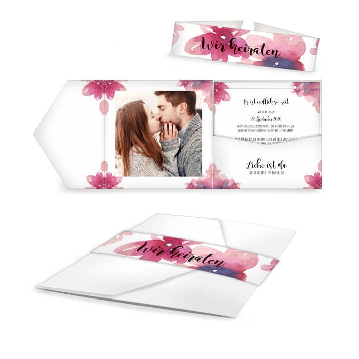 Hochzeitseinladung als Pocket mit Aquarellblumen in Pink