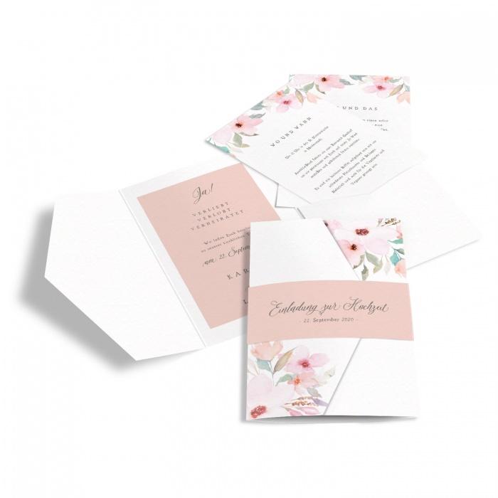 Hochzeitseinladung als Pocketfold mit rosa Blumen