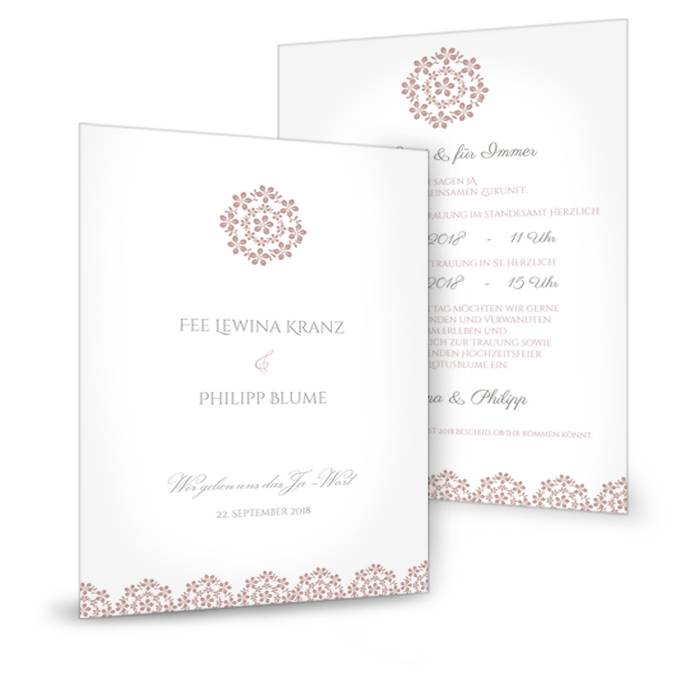 Hochzeitseinladung als Postkarte mit Blumenmuster in Rosa