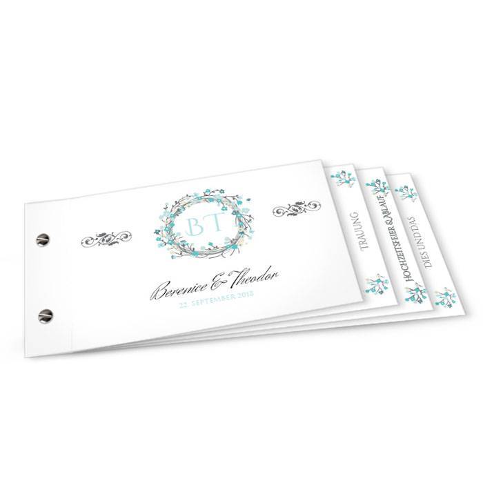 Hochzeitseinladung als Booklet mit Blütenkranz in Aquamarin