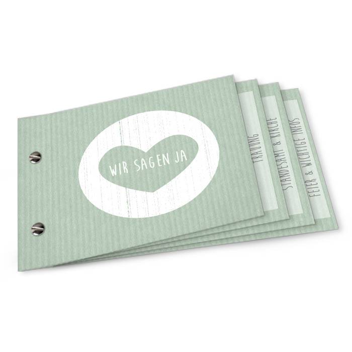 Hochzeitseinladung als Booklet in Grün Packpapier