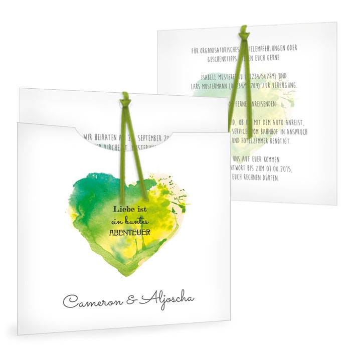 Hochzeitseinladung mit Watercolor Herz in Grün und Gelb