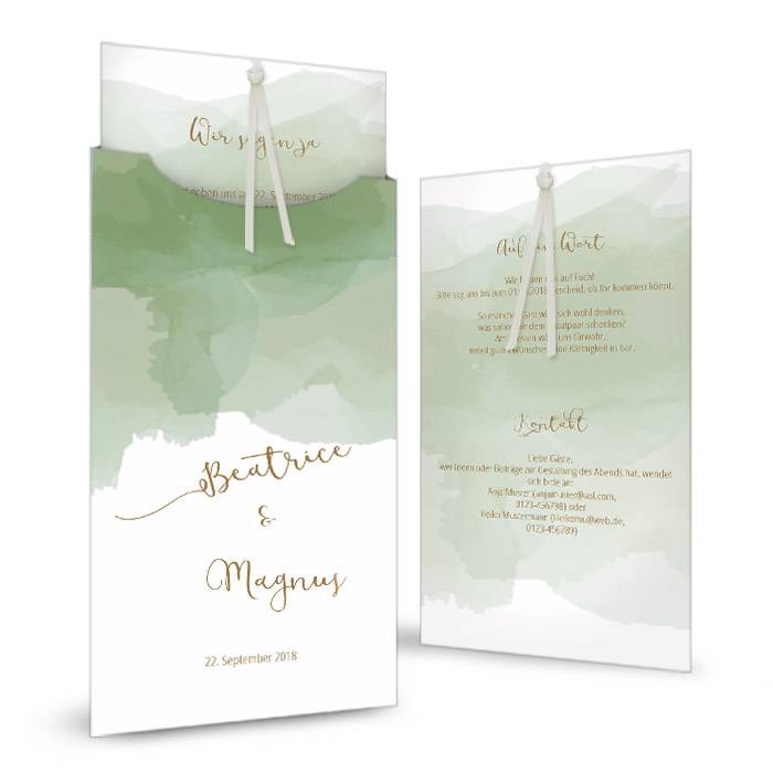 Hochzeitseinladung im grünen Aquarellstil als Einsteckkarte