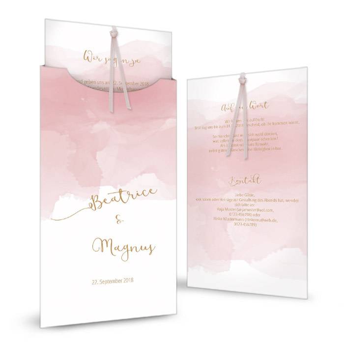Hochzeitseinladung im rosa Aquarellstil als Einsteckkarte