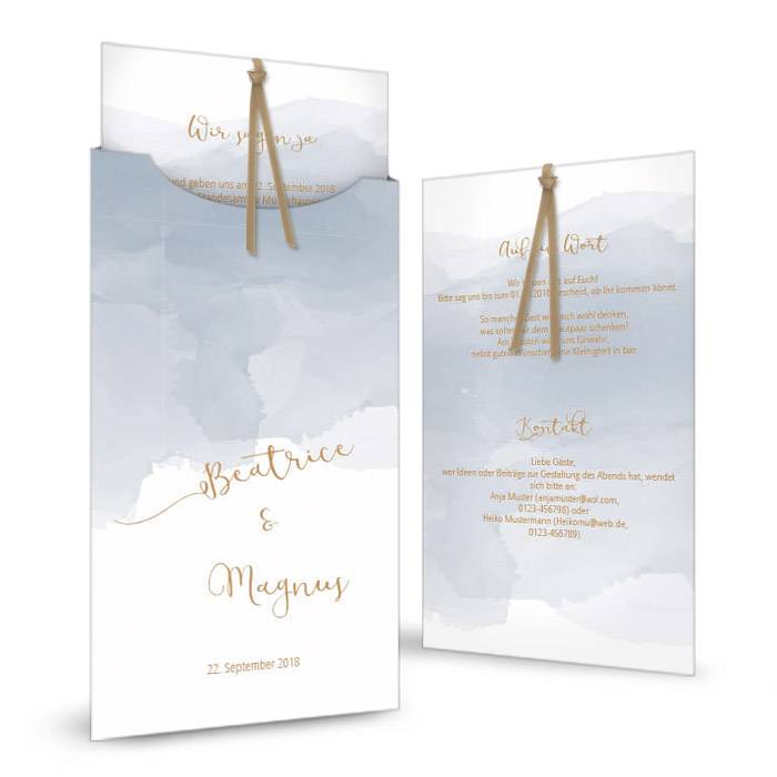 Hochzeitseinladung im blauen Aquarellstil als Einsteckkarte
