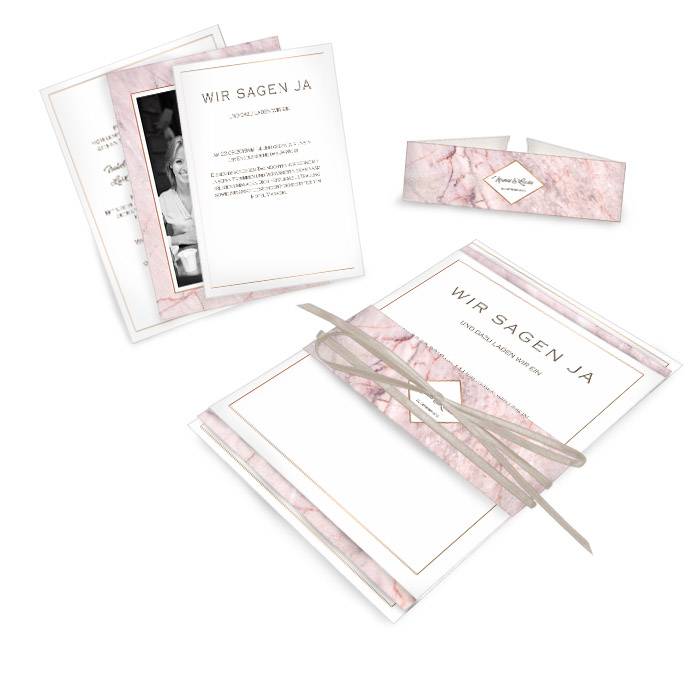 Hochzeitseinladung mit rosa Marmordesign als Kartenset