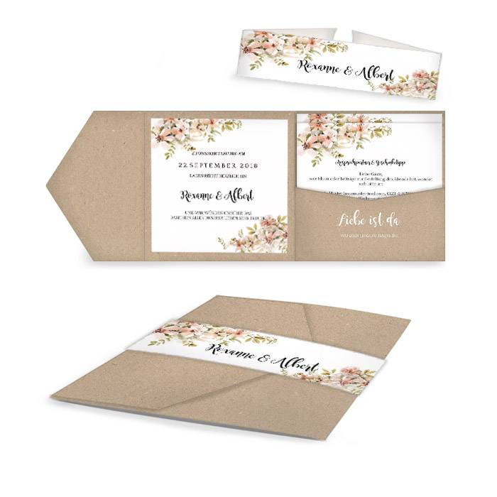 Hochzeitseinladung mit Aquarellblumen als Pocket Fold 