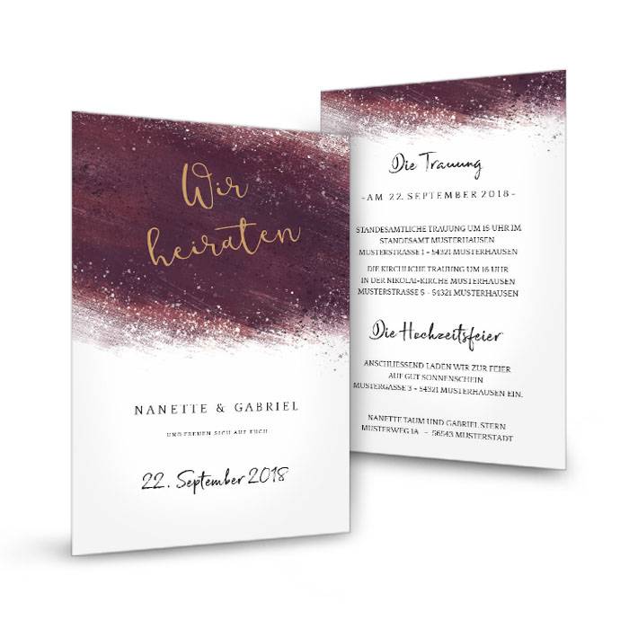 Hochzeitseinladung mit Aquarell in Bordeaux als Postkarte