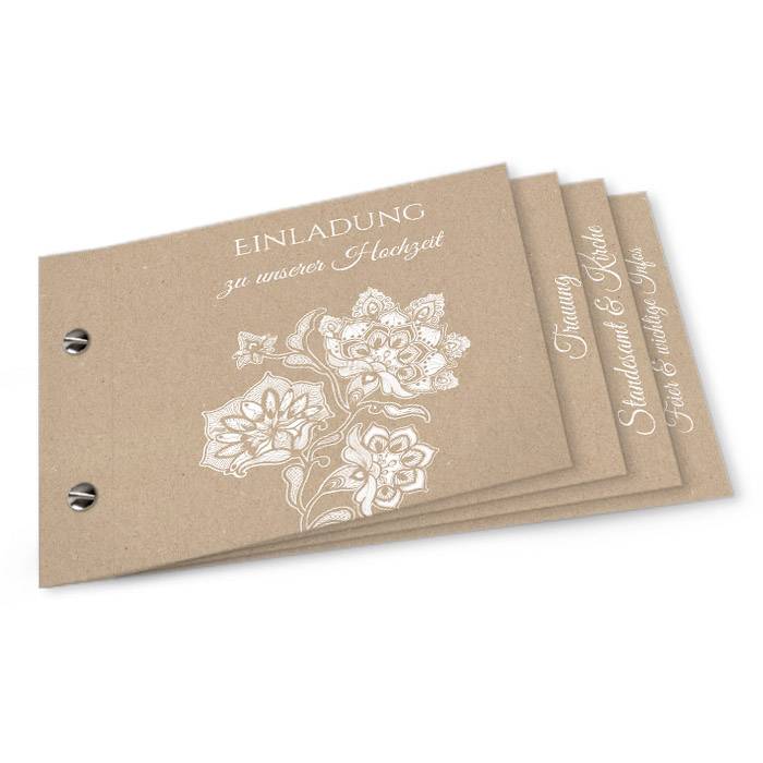 Florales Booklet als Hochzeiteinladung im Kraftpapierstil