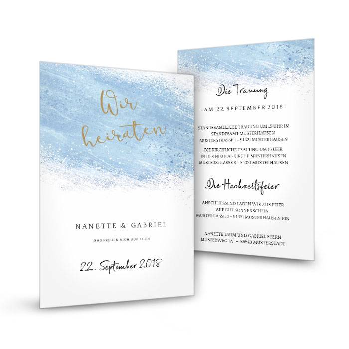 Hochzeitseinladung mit Aquarell in Blau als Postkarte
