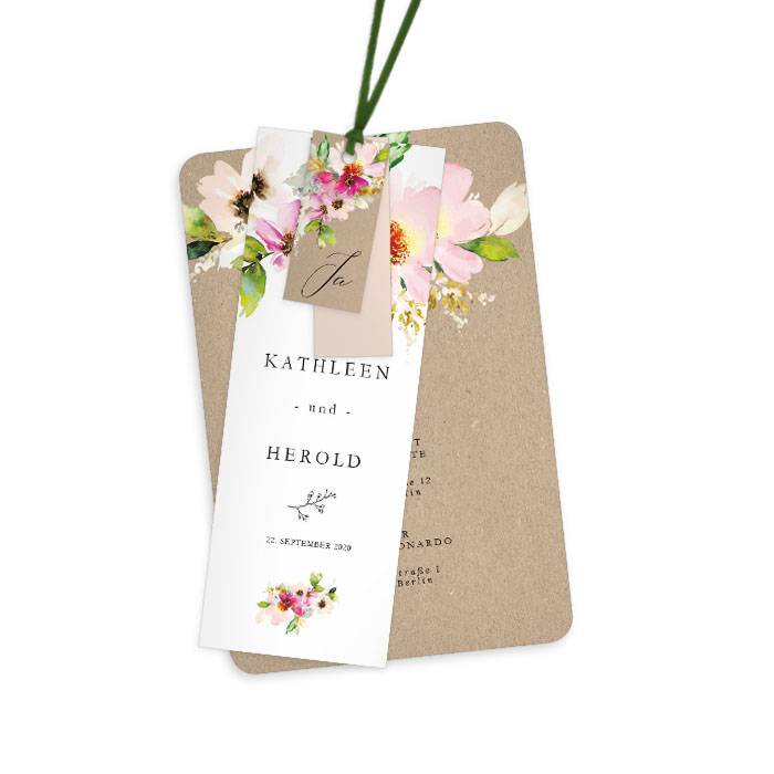 Hochzeitseinladung mit bunten Aquarellblumen als Kartenset
