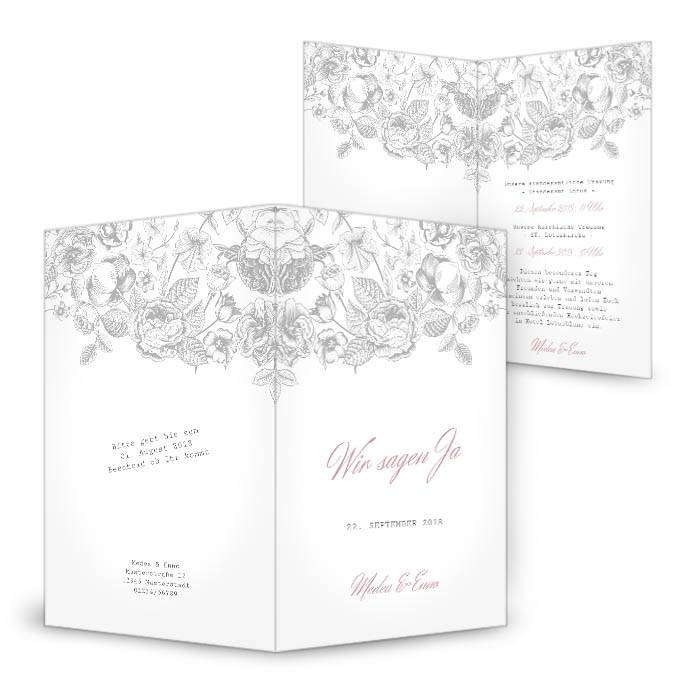 Einladung zur Hochzeit mit Blumen in Grau als Klappkarte