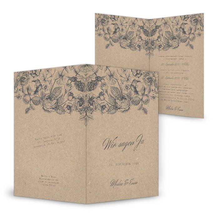 Hochzeitseinladung in Kraftpapieroptik mit Blumen