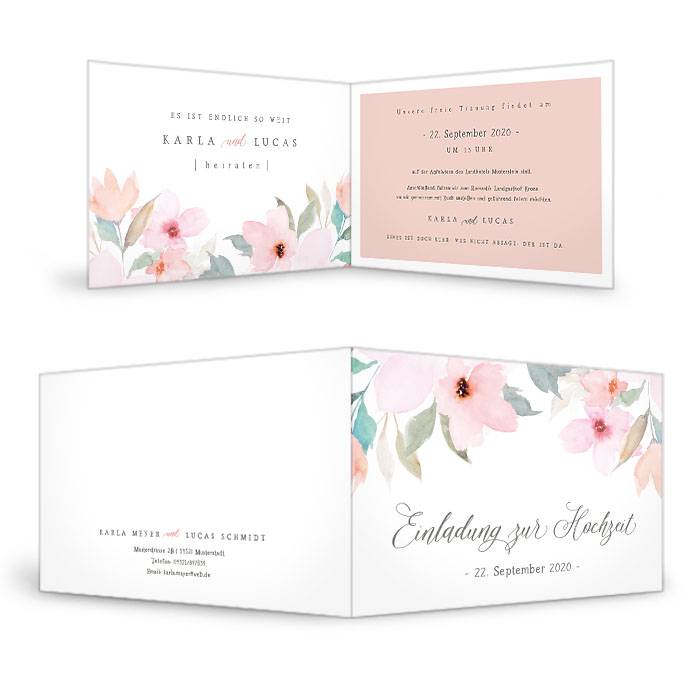 Einladung zur Hochzeit mit romantischem Blütendesign in Rosa