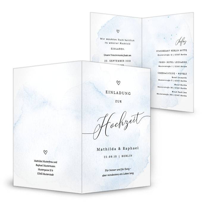 Hochzeitseinladung als Klappkarte mit Kalligraphie in Blau