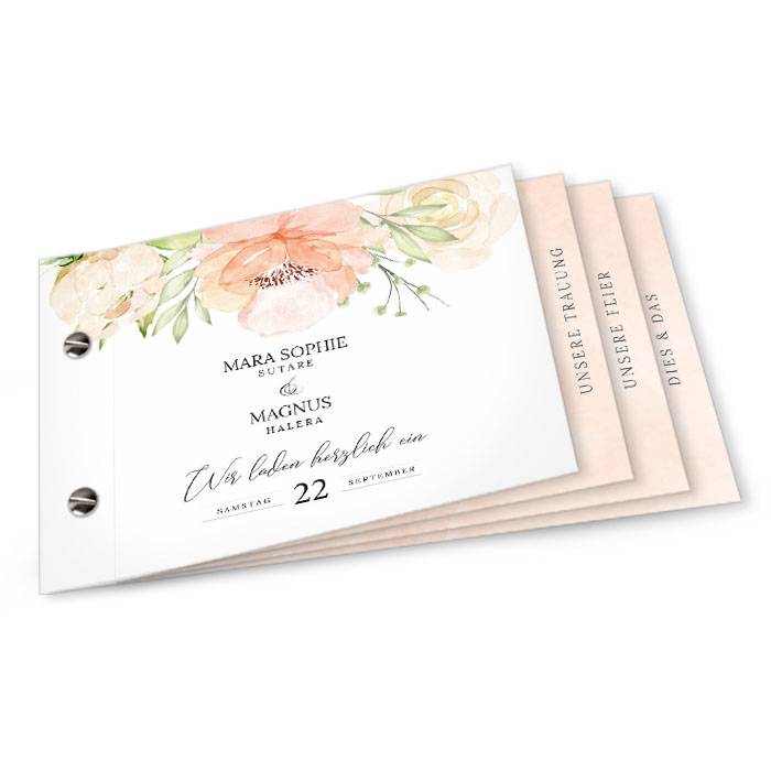 Hochzeitseinladung als Booklet mit Aquarellblumen in Blush