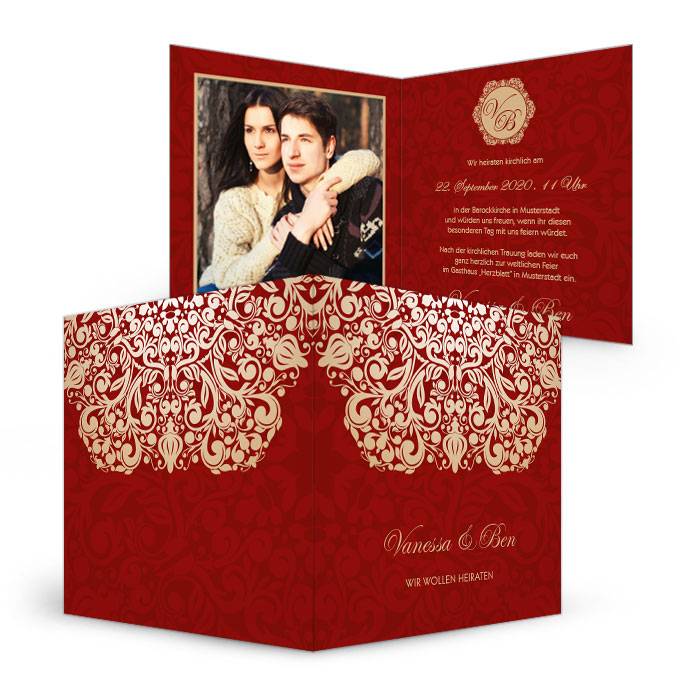 Einladung zur Hochzeit mit barocken Elementen in Rot Gold