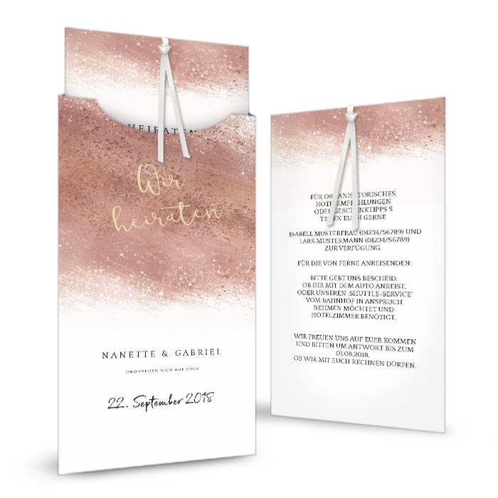 Hochzeitseinladung mit Aquarell in Roségold als Einsteckkarte