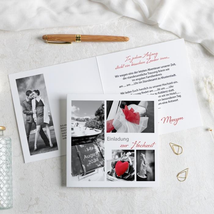 Schlichte Einladung zur Hochzeit in Weiß mit vielen Fotos