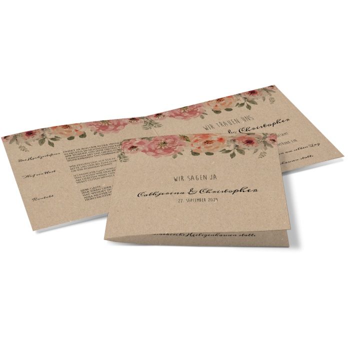 Hochzeitseinladung in Kraftpapieroptik mit Watercolor Blumen