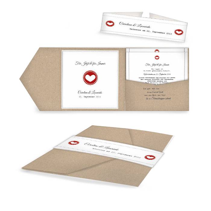 Hochzeitseinladung als Pocket Fold im Kraftpapier-Stil