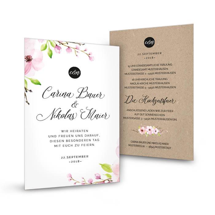 Moderne Hochzeitseinladung als Postkarte mit Blüten in Rosa