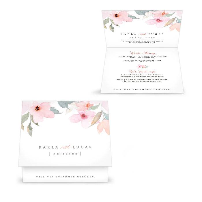 Romantische Einladung zur Hochzeit mit Blütendesign in Rosé