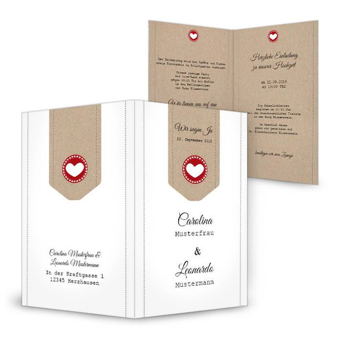 Moderne Hochzeitseinladung mit Herz und Kraftpapier-Design