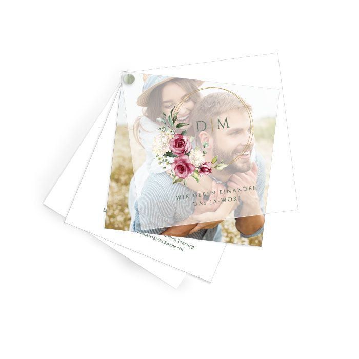 Hochzeitseinladung mit Transparentpapier, Blumen und Goldreif