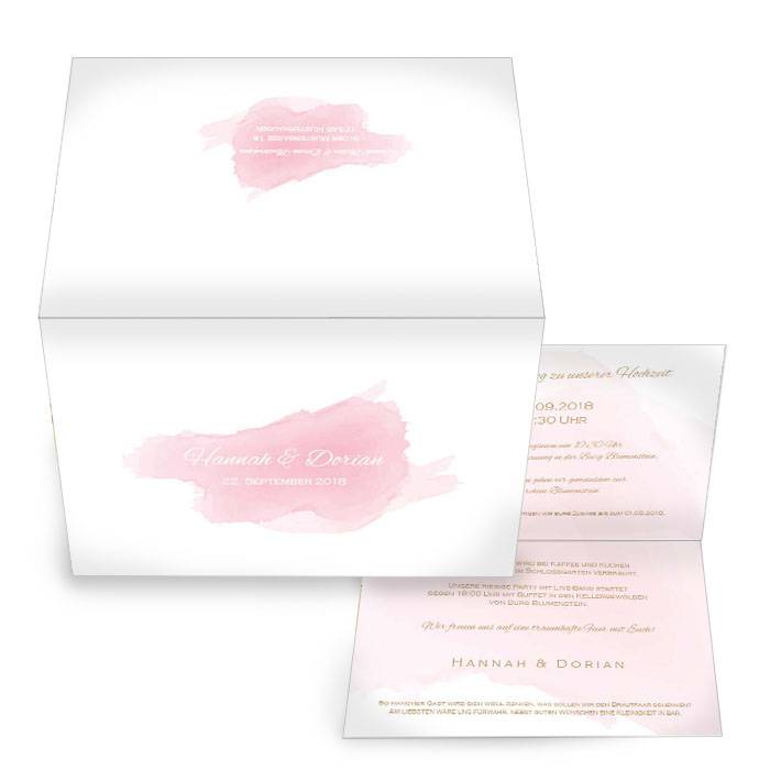 Einladung zur Hochzeit im rosa Aquarelldesign als Klappkarte