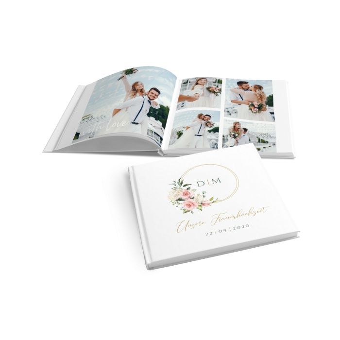 Quadratisches Fotobuch mit Goldreif, rosan Rosen und Hortensien