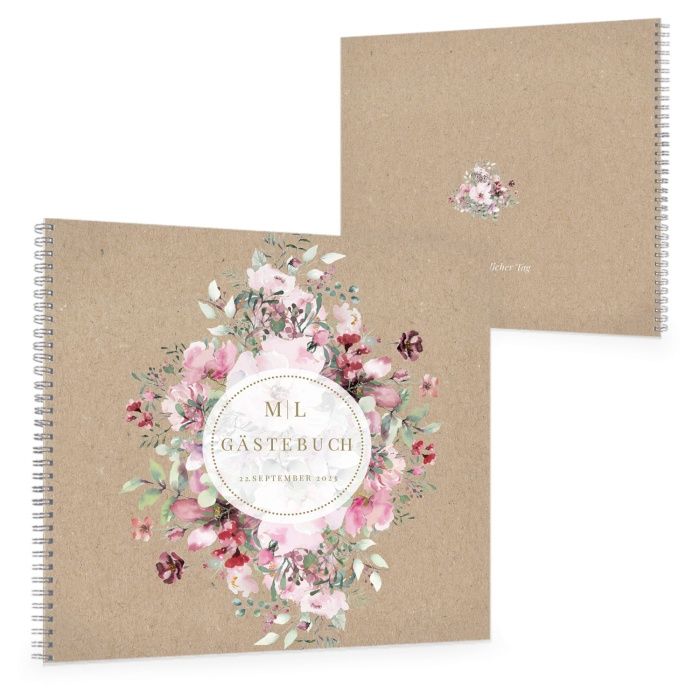 Hochzeitsgästebuch in Kraftpapierotik mit bunten Aquarellblumen