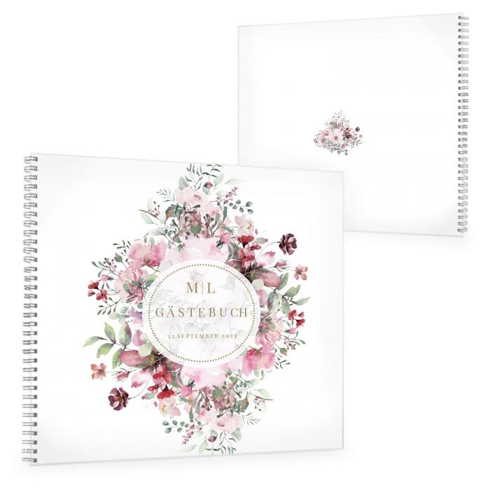 Hochzeitsgästebuch in Weiss mit bunten Aquarellblumen