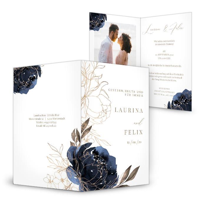 Hochzeitskarte Einladung mit blauer Aquarellblume