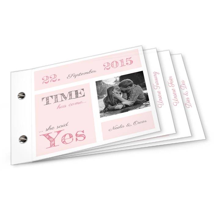 Moderne Hochzeitseinladung in Rosa als Booklet mit Foto