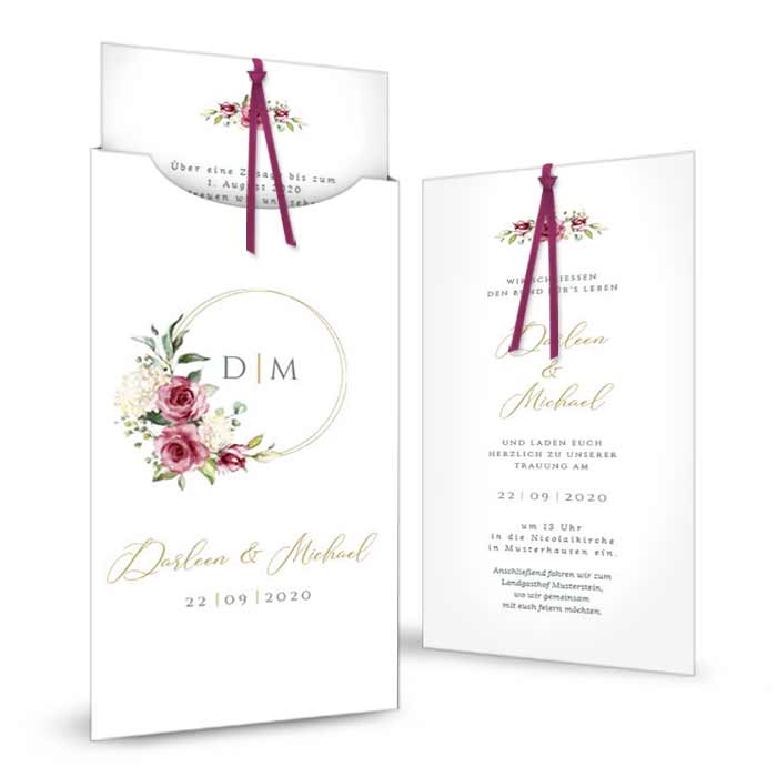 Hochzeitseinladung als Einsteckkarte mit Goldreif und Blumen