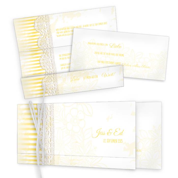 Einladung zur Hochzeit in Gelb mit gedruckter Spitze