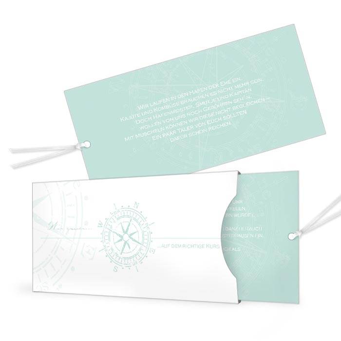 Einladung zur maritimen Hochzeit mit Kompassdesign in Minz