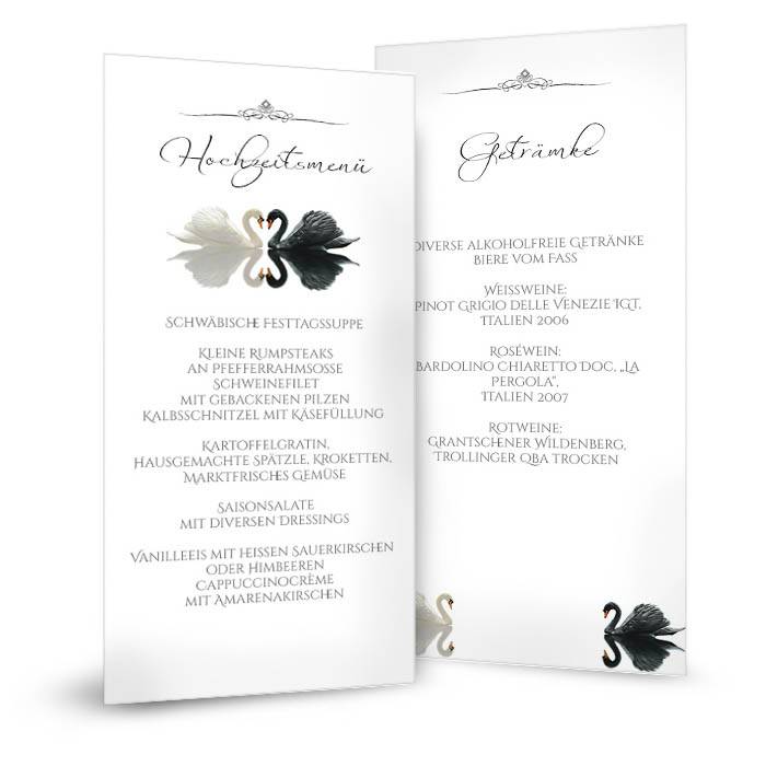 Elegante Menükarte zur Hochzeit mit Schwänen in Schwarz-Weiß
