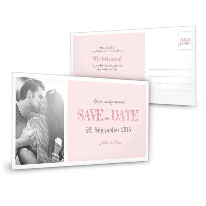 Save the Date Karte mit cooler Schrift und Foto in Rosa