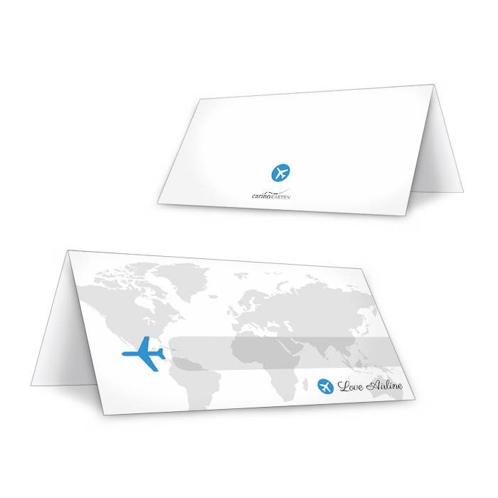Tischkarten mit Flugzeug Design und Weltkarte in Blau