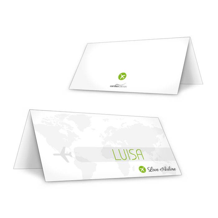 Tischkarten mit Flugzeug Design und Weltkarte in Grün
