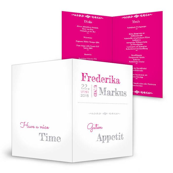 Moderne Menükarten zur Hochzeit mit cooler Schrift in Pink