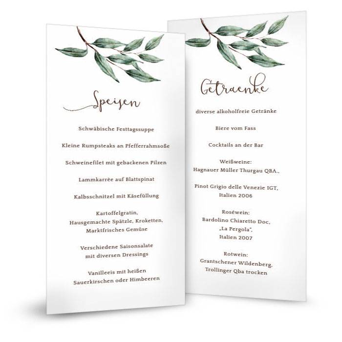 Menükarte zur Greenery Hochzeit als Postkarte mit Olivenzweig