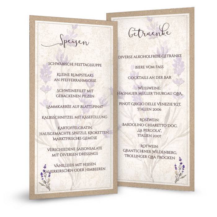 Menükarte zur Hochzeit in Kraftpapieroptik mit Lavendel
