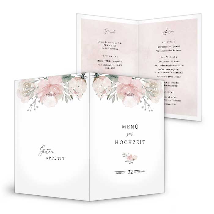Florale Menükarte zur Hochzeit mit Aquarellrosen in Rosa